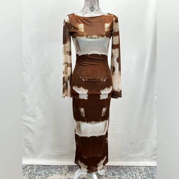 LE LIS Brown and cream mesh abstract print maxi‎ dress size XS - Picture 4 of 16